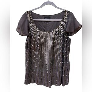 St John Metallic Gold Silver Sequin Flutter Short Sleeve Sheer Blouse size small